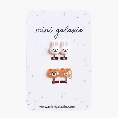 Boucles d'oreilles clips pour enfant - lapin et ourson