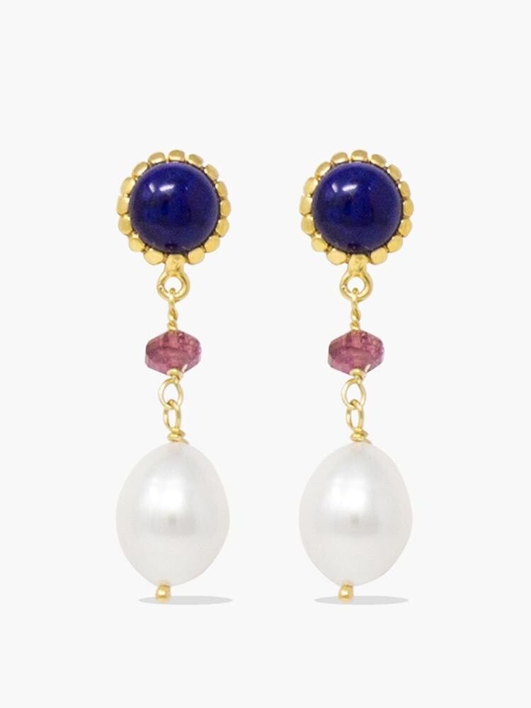 Orecchini pendenti con lapislazzuli, quarzo rosa e perle