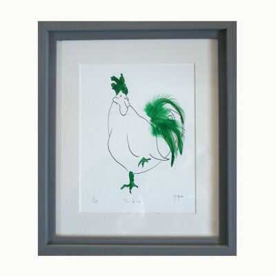 Oh La La! Cockerel Orange Feathered Print - Framed Green Oh La La Print
