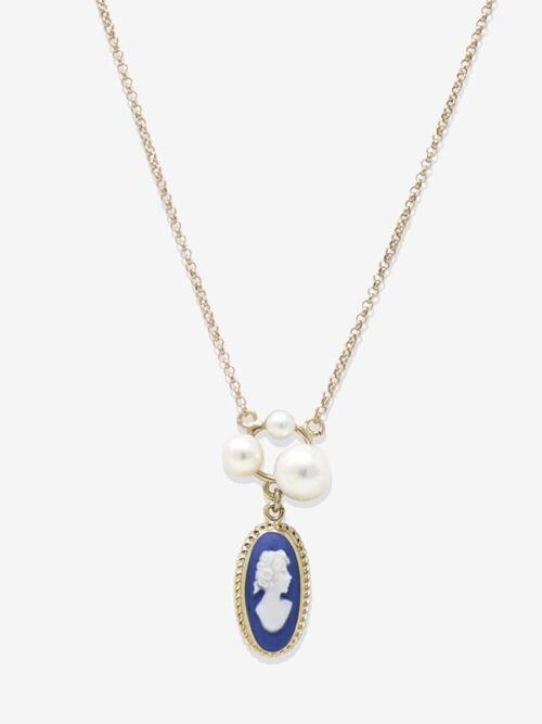 Lilith Gold-plated Blue Cameo And Pearl Necklace
