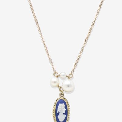 Lilith Gold-plated Blue Cameo And Pearl Necklace