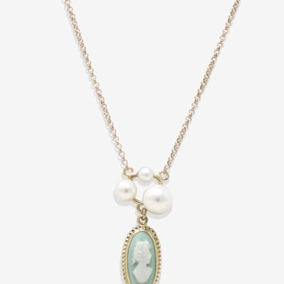 Lilith Gold-plated Green Cameo And Pearl Necklace