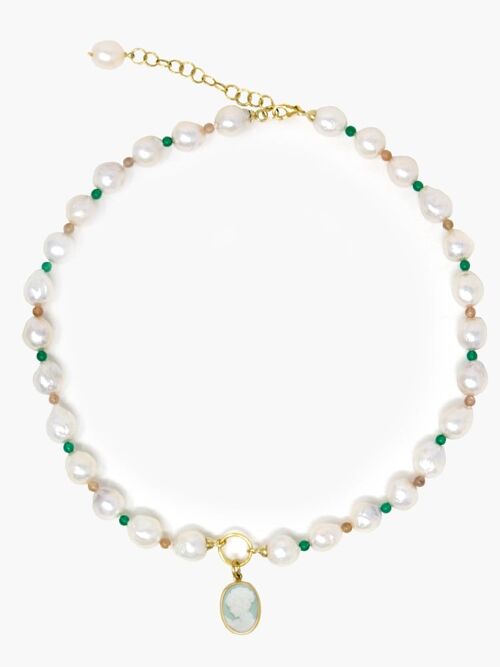 Little Lovelies Gold-plated Pearl & Bead Green Cameo Necklace