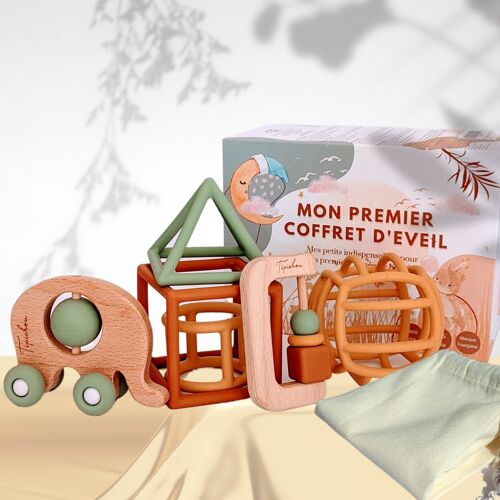 Jouets d'éveil bébé 1er âge - Coffret naissance mixte montessori garçon et fille - 5 Jeux d'activité et de développement sensoriel bois et silicone : Balle, Formes, Hochet, Roues- de 3 Mois à 3 Ans