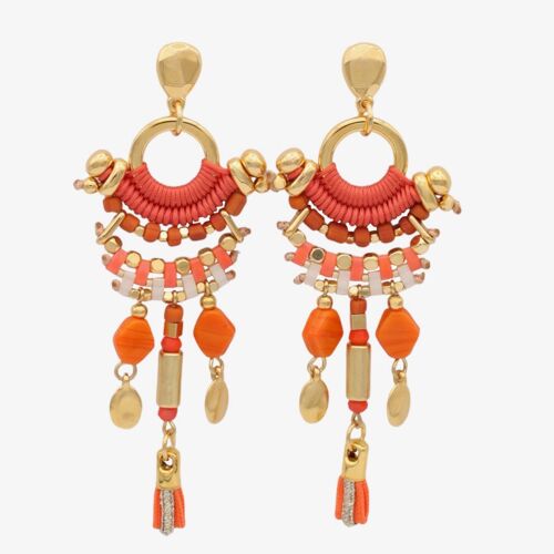 YATÍ orange and gold long statement earrings