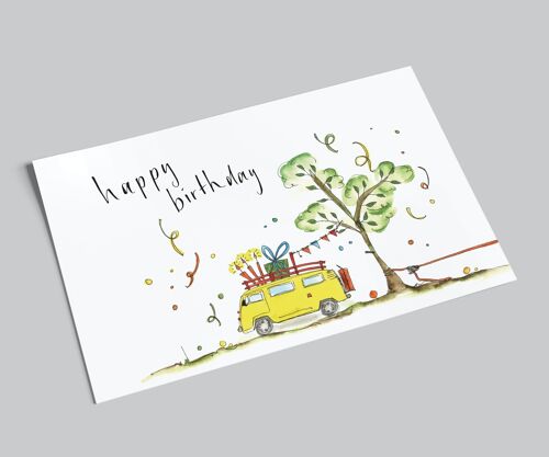 Geburtstagskarte | gelber Bulli zum Geburtstag | Happy Birthday | Aquarell Postkarte