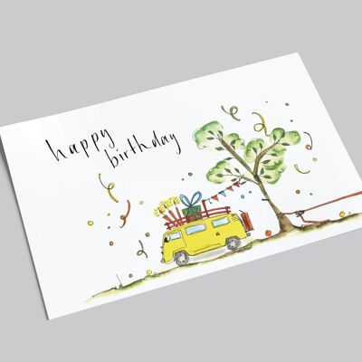 Geburtstagskarte | gelber Bulli zum Geburtstag | Happy Birthday | Aquarell Postkarte