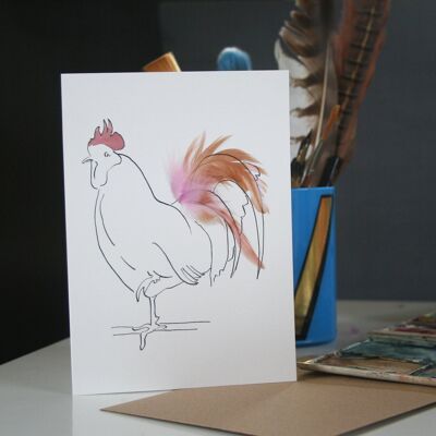 Real Feather Cockerel & Hen Cards - Pale Pink