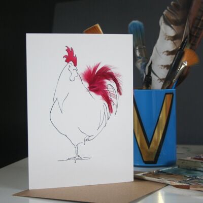 Real Feather Cockerel & Hen Cards - Pink