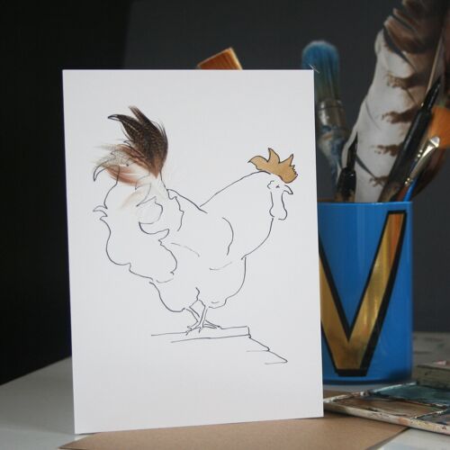 Real Feather Cockerel & Hen Cards - beige