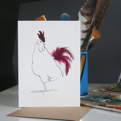 Real Feather Cockerel & Hen Cards - Purple