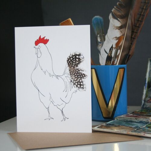 Real Feather Cockerel & Hen Cards - Spotty