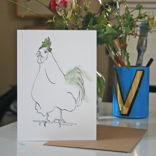Real Feather Cockerel & Hen Cards - Pale Green
