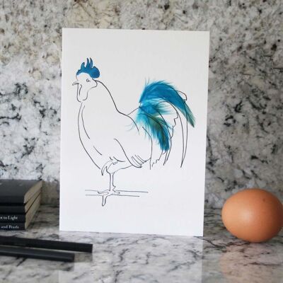 Real Feather Cockerel & Hen Cards - Bright Blue