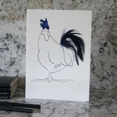 Tarjetas de gallina y gallo de plumas reales - Azul oscuro