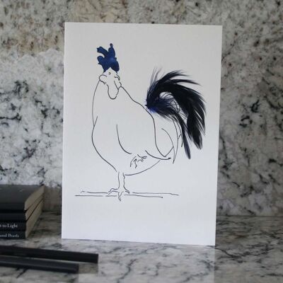 Real Feather Cockerel & Hen Cards - DarkBlue