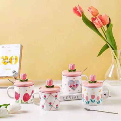 Mug with a tulip on the lid and a spoon in gift box - 370 ml - DF511