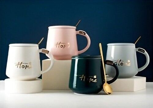 Mug with lid and golden spoon in 4 colors, in box - 420 ml  - DF-514