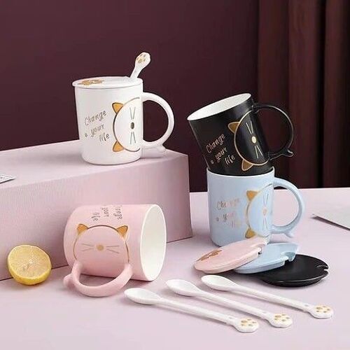 Buy wholesale Mug in cute cat design with cute handle with lid and lovely  spoon - 420 ml - DF-517