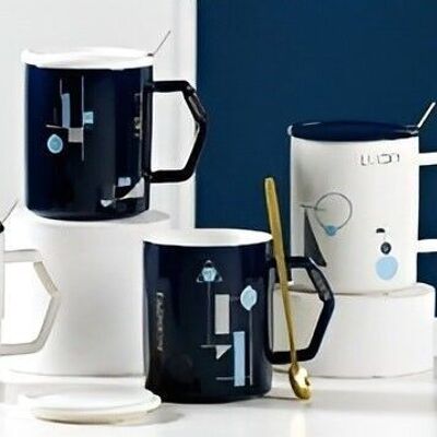 Geometric design mug with lid and spoon in 4 designs in gift box - 400 ml - DF-518