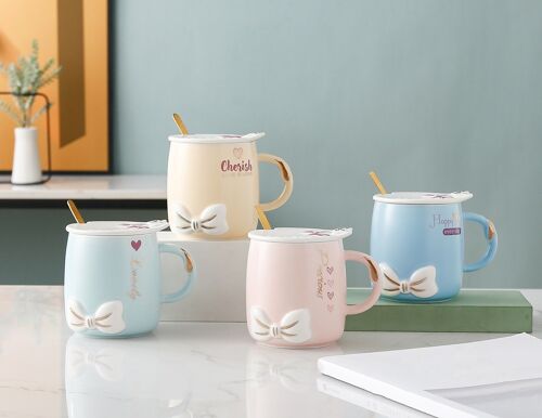Mug with bow in 4 colors with lid and spoon in box -DF-525