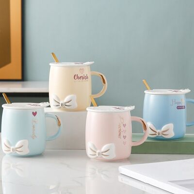 Mug with bow in 4 colors with lid and spoon in box -DF-525