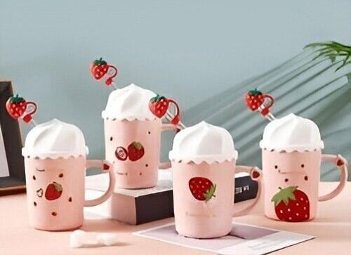 Pink mug with strawberries, lid and straw in box - 450 ml -  DF-526