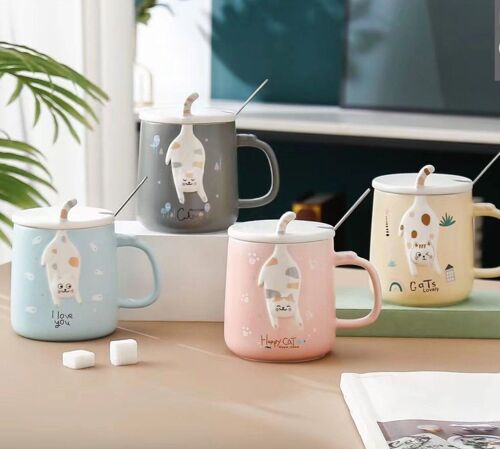 Cat themed mug, with lid and spoon in box 400 ml - DF-527