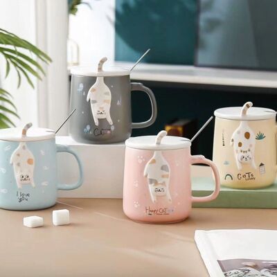 Taza temática de gatos, con tapa y cuchara en caja 400 ml - DF-527