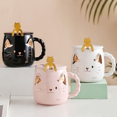 Simpatica tazza a forma di gatto, in 3 colori con coperchio e cucchiaino a forma di gatto in confezione regalo 400ml - DF528