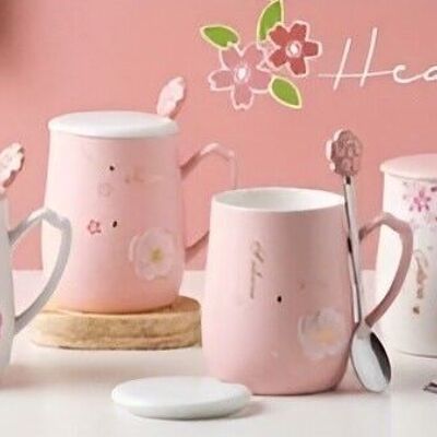 White - pink mug with flowers, lid and spoon in gift box 420 ml -  DF529