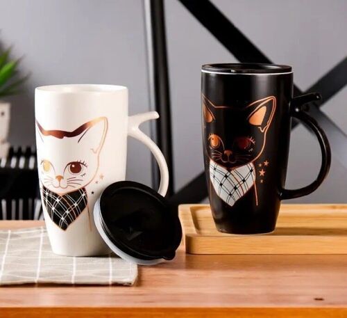 Large capacity Black and white mug with airtight lid,  cat design 580ml in gift box  -  DF-532