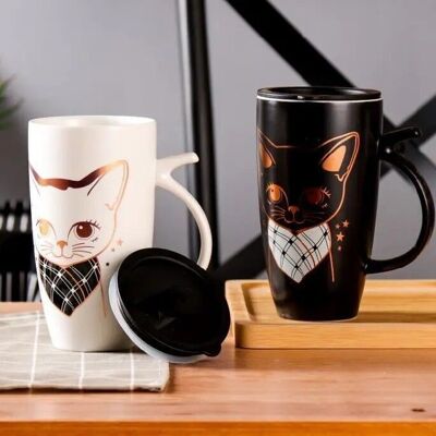 Large capacity Black and white mug with airtight lid,  cat design 580ml in gift box  -  DF-532