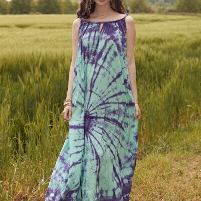 Fluid flared tie-dye dress with straps, invisible pockets