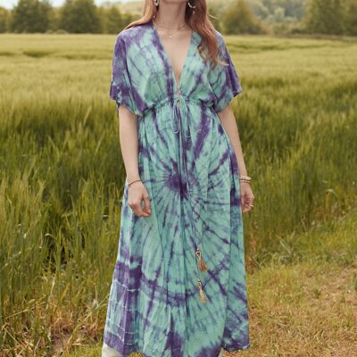 Flowing tie-dye flared dress, V-neck with tightening at the waist