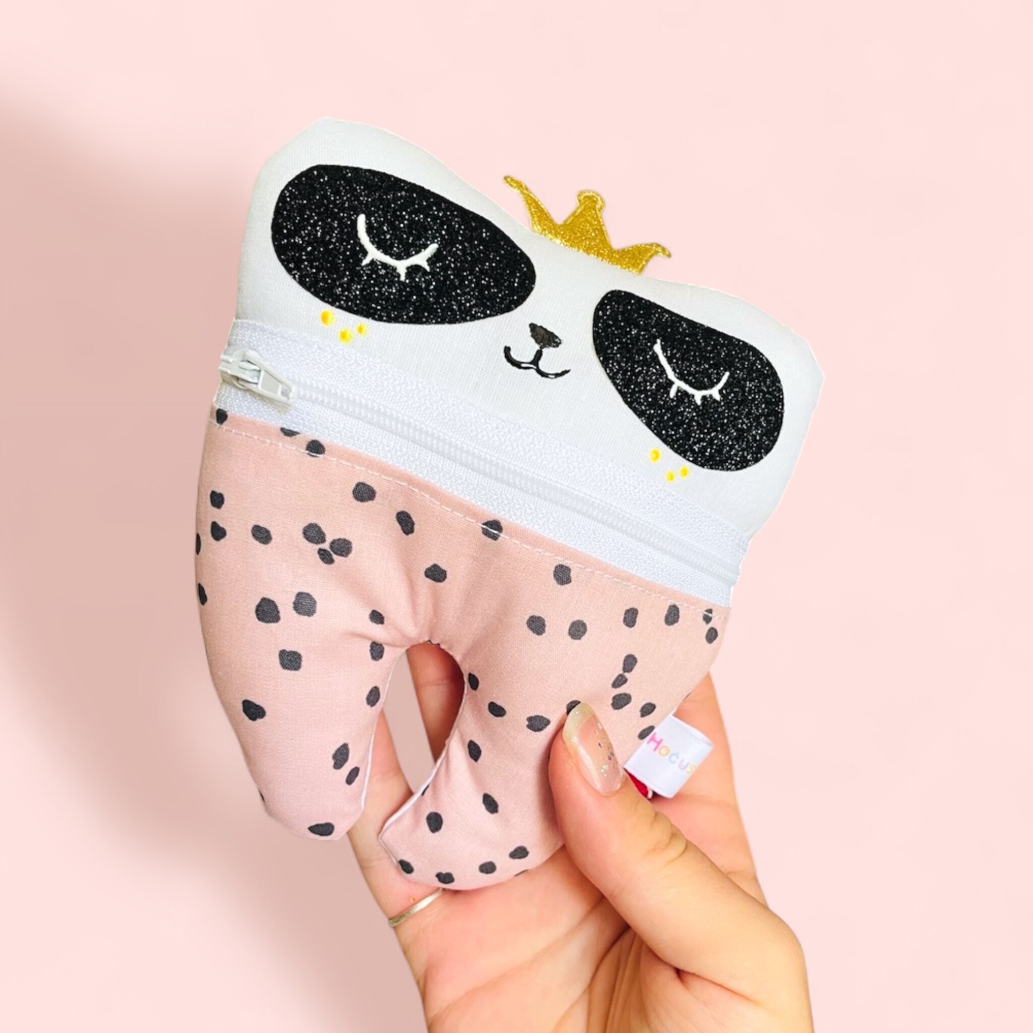 Large pink polka dot PANDA baby tooth box / zipped tooth pouch - Handmade in France