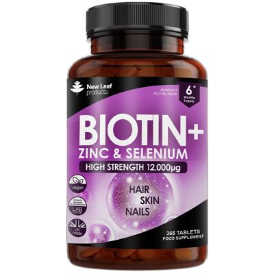 Vitaminas para el crecimiento del cabello con biotina 12,000 mcg enriquecidas con zinc y selenio - 365 tabletas