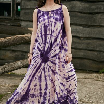 Fluid flared tie-dye dress with straps, invisible pockets
