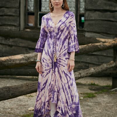 Long tie-dye dress, V neckline buttoned in front, elastic at the waist