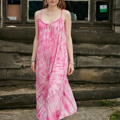 Fluid flared tie-dye dress with straps, invisible pockets