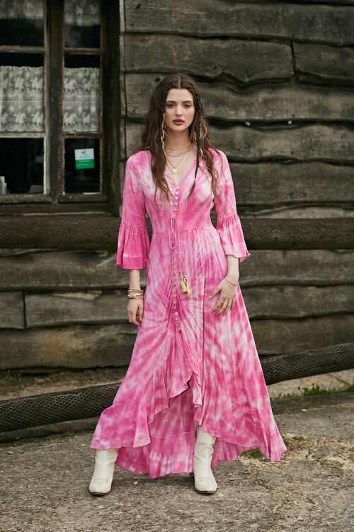 Robe longue tie and dye , décolleté V boutonnée devant , élastique à la taille