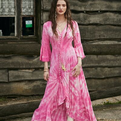 Long tie-dye dress, V neckline buttoned in front, elastic at the waist