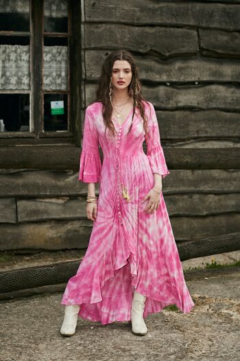 Robe longue tie and dye , décolleté V boutonnée devant , élastique à la taille 1