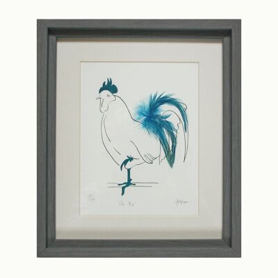¡Oh yo! Estampado de plumas de gallo - Enmarcado azul