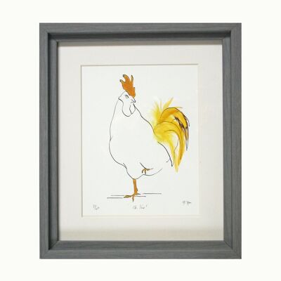 Oh Sir! Cockerel Mustard Feathered Print - Dark Grey Box frame