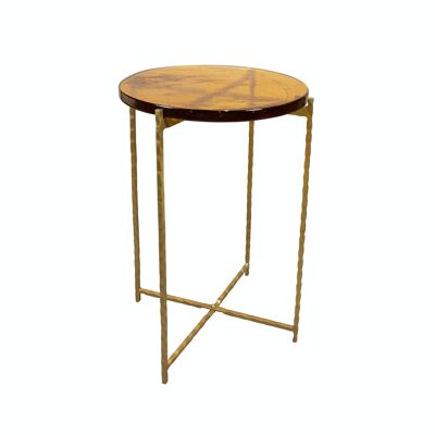 SIDE TABLE IN GOLD HAMMERED METAL WITH YELLOW RECYCLED GLASS TOP 40.5X56CM BELLI