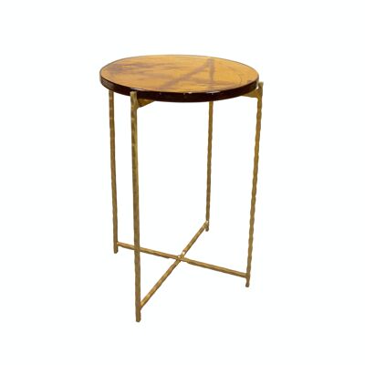 TAVOLINO IN METALLO MARTELLATO ORO CON PIANO IN VETRO RICICLATO GIALLO 40.5X56CM BELLI