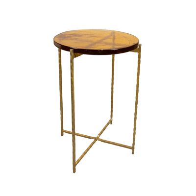 MESA AUXILIAR DE METAL DORADO MARTILLADO CON TABLERO DE CRISTAL RECICLADO AMARILLO 40,5X56CM BELLI
