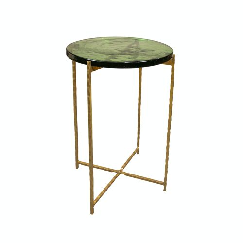 TABLE D'APPOINT AVEC PIEDS EN METAL MARTELE DORE ET PLATEAU EN VERRE RECYCLE VERT 40.5XH56CM BELLI