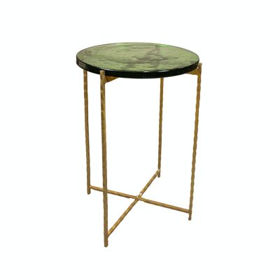 SIDE TABLE WITH GOLD HAMMERED METAL LEGS AND GREEN RECYCLED GLASS TOP 40.5XH56CM BELLI
